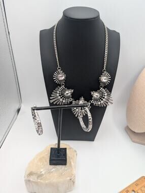 Statement Silver Tone Clear Crystal Necklace & Hoop Earrings Jewelry Set Glam